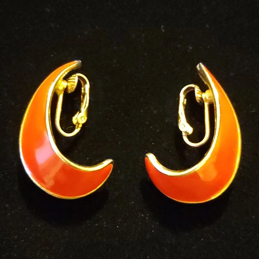 Vintage Red Enamel Half Moon Hoop Earrings